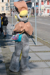 Size: 3265x4898 | Tagged: safe, derpy hooves, human, galacon, g4, 2016, bag, fursuit, hooves on cheeks, irl, irl human, outdoors, photo, ponysuit, solo focus