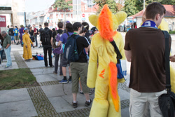 Size: 4899x3266 | Tagged: safe, spitfire, human, galacon, g4, 2016, convention, fursuit, irl, irl human, outdoors, photo, ponysuit, queue, solo focus