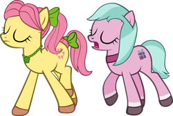 Size: 4792x3220 | Tagged: safe, artist:ironm17, dahlia, posey bloom, g4, g5, bow, clothes, eyes closed, female, females only, g5 to g4, generation leap, hair bow, jewelry, mare, necklace, scarf, simple background, snobby, tail, tail bow, transparent background, vector, walking