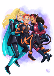 Size: 2894x4093 | Tagged: safe, artist:henar, oc, oc:fireheart(fire), human, equestria girls, g4, adora, adora(prisoners of the moon), alternate universe, catra, catra(prisoners of the moon), clothes, fireheart76's latex suit design, gloves, humanized, humanized oc, latex, latex boots, latex gloves, latex suit, prisoners of the moon, rubber, rubber boots, rubber gloves, rubber suit, she-ra, she-ra and the princesses of power, teasing