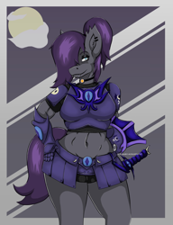 Size: 1216x1582 | Tagged: safe, artist:jimjamdoodles, oc, oc only, oc:moon dancer, bat pony, anthro, plantigrade anthro, abs, anthro oc, armor, belly, belly button, big breasts, breasts, clothes, fangs, female, goth, guard, guardsmare, hair over one eye, helmet, mare, midriff, night guard, piercing, ponytail, redesign, royal guard, socks, solo, solo female, sword, thigh highs, unconvincing armor, weapon, wide hips