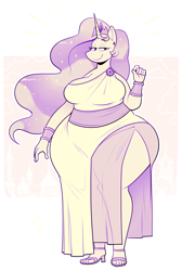 Size: 2050x3050 | Tagged: safe, artist:secretgoombaman12345, princess celestia, alicorn, anthro, g4, aside glance, big breasts, bracelet, breasts, brooch, chubbylestia, clothes, cocktail dress, crown, dress, ear piercing, earring, eyelashes, fat, female, greek clothes, grin, high heel sandals, high heels, jewelry, lidded eyes, looking at you, piercing, regalia, sandals, shoes, simple background, sketch, slightly chubby, smiling, solo, solo female, thighs, thunder thighs, wide hips