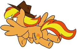 Size: 665x422 | Tagged: safe, artist:noi kincade, oc, oc:firey ratchet, pegasus, g4, fedora, flying, hat, male, simple background, solo, transparent background