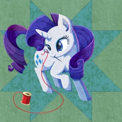 Size: 2048x2048 | Tagged: safe, artist:catscratchpaper, rarity, pony, unicorn, g4, abstract background, action pose, digital art, female, high res, horn, mare, mouth hold, needle, overlay, quilt, smiling, solo, spool, thread