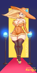 Size: 1862x3645 | Tagged: safe, artist:hartfie, velvet (tfh), human, them's fightin' herds, big breasts, breasts, carpet, cleavage, clothes, community related, female, hat, high res, humanized, jewelry, red carpet, shoulderless, solo, stockings, sun hat, thigh highs, wide hips, zettai ryouiki