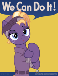 Size: 1733x2255 | Tagged: safe, artist:badumsquish, derpibooru exclusive, alternate timeline, bandana, belt, clothes, cosplay, costume, crossdressing, crossplay, crystal war timeline, eyeshadow, flexing, freckles, lipstick, makeup, motivational, motivational poster, propaganda, propaganda poster, pun, rarity the riveter, rolled up sleeves, rosie the riveter, show accurate, solo, we can do it!