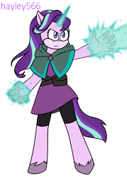 Size: 1875x2616 | Tagged: safe, artist:hayley566, starlight glimmer, mobian, unicorn, anthro, g4, belt, clothes, commission, compression shorts, dark fantasy, description is relevant, dress, fantasy, female, glowing, glowing horn, horn, magic, simple background, solo, sonic the hedgehog (series), sonicified, story included, transparent background, unshorn fetlocks