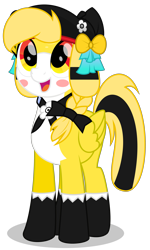 Size: 3000x4984 | Tagged: safe, artist:keronianniroro, oc, oc only, oc:teruru, pegasus, pony, beret, blonde mane, bow, clothes, happy, hat, looking up, neckerchief, open mouth, simple background, socks, solo, stockings, thigh highs, transparent background