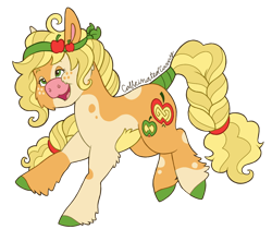 Size: 1346x1131 | Tagged: safe, artist:caffeinatedcarny, applejack, earth pony, pony, g4, 80s, accessory, alternate cutie mark, belly fluff, braid, braided tail, cheek fluff, coat markings, colored hooves, freckles, g5 concept leaks, hair accessory, hair tie, hooves, lidded eyes, open mouth, pinto, redesign, simple background, solo, spots, tail, tail wrap, transparent background, unshorn fetlocks, vintage