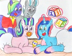 Size: 3067x2378 | Tagged: safe, artist:bitter sweetness, alphabittle blossomforth, firelight, misty brightdawn, starlight glimmer, unicorn, g4, g5, abdl, adult foal, clothes, diaper, diaper fetish, father and child, father and daughter, female, fetish, glowing, glowing horn, horn, levitation, magic, male, non-baby in diaper, open mouth, open smile, pacifier, poofy diaper, smiling, telekinesis, traditional art, translated in the description, wooden floor