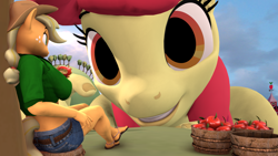 Size: 3840x2160 | Tagged: safe, artist:~stuffguy123, apple bloom, applejack, anthro, plantigrade anthro, g4, 3d, apple, bucket, clothes, cloud, denim, dock, female, food, giantess, hat, jeans, macro, older, older apple bloom, orchard, pants, sandals, size difference, smiling, source filmmaker, tail, tree