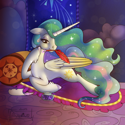 Size: 2048x2048 | Tagged: safe, artist:asterisq, princess celestia, alicorn, pony, g4, feathered fetlocks, female, floppy ears, indoors, inkwell, lidded eyes, lying down, mare, mouth hold, prone, quill, smiling, solo