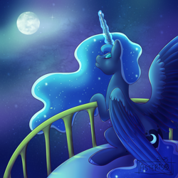 Size: 1500x1500 | Tagged: safe, artist:asterisq, princess luna, alicorn, pony, g4, balcony, eyes closed, female, full moon, glowing, glowing horn, horn, mare, moon, moonrise, one wing out, outdoors, sitting, solo, starry night, wings