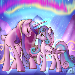 Size: 3000x3000 | Tagged: safe, artist:asterisq, princess cadance, princess flurry heart, alicorn, pony, g4, aurora borealis, balcony, concave belly, duo, duo female, eyes closed, female, horn, horns are touching, lidded eyes, mare, mother and child, mother and daughter, older, older flurry heart, outdoors, smiling, thin