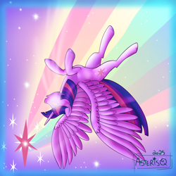 Size: 1500x1500 | Tagged: safe, artist:asterisq, twilight sparkle, alicorn, pony, g4, concave belly, female, glowing, glowing eyes, mare, open mouth, rainbow, solo, spread wings, twilight sparkle (alicorn), twilight sparkle's cutie mark, upside down, wings