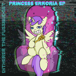 Size: 2000x2000 | Tagged: safe, artist:gloomrotten, artist:rubberswonderland, alula, pluto, princess erroria, alicorn, pony, g4, album cover, bean mouth, couch, error, female, glitch, grin, high res, looking at you, scepter, sitting, smiling, solo, twilight scepter