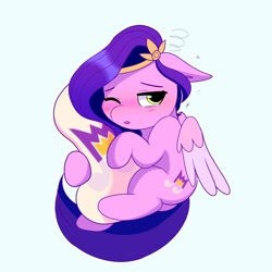 Size: 2048x2048 | Tagged: safe, artist:nari_artsz, pipp petals, pegasus, pony, g5, female, hug, light blue background, mare, one eye closed, pillow, pillow hug, simple background, sleepy, solo