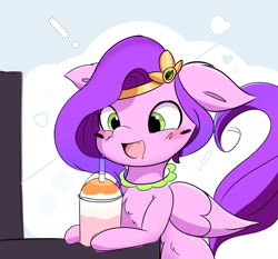 Size: 1536x1434 | Tagged: safe, artist:nari_artsz, pipp petals, pegasus, pony, g5, abstract background, blushing, drink, emanata, female, jewelry, mare, necklace, smoothie, solo