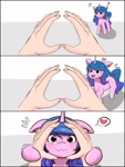 Size: 1536x2048 | Tagged: safe, artist:nari_artsz, izzy moonbow, pony, unicorn, g5, 3 panel comic, :3, comic, cute, emanata, female, grin, hand, horn, hug, izzybetes, mare, question mark, smiling, solo focus