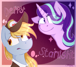 Size: 1690x1500 | Tagged: safe, artist:lunar_plague, derpy hooves, starlight glimmer, pegasus, pony, unicorn, g4, horn