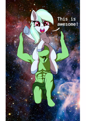 Size: 2500x3500 | Tagged: safe, artist:scandianon, oc, oc only, oc:anon, unnamed oc, human, atlas, female, floating, happy, human male, male, mare, raised hoof, shoulder ride, smiling, space, talking, talking to viewer