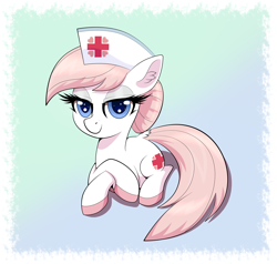 Size: 2439x2324 | Tagged: safe, artist:scandianon, nurse redheart, earth pony, pony, g4, bedroom eyes, crossed legs, female, floppy ears, looking at you, lying down, mare, ponyloaf, prone, smiling