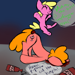 Size: 600x600 | Tagged: safe, artist:doctorsklee, cherry berry, oc, oc:cherry martini, earth pony, pony, g4, alcohol, ass up, bottle, dark comedy, drawthread, drink, drunk, duo, face down ass up, female, filly, foal, happy, leapfrog, leaping, mare, one-panel comic, requested art, spilled drink, suffering, younger