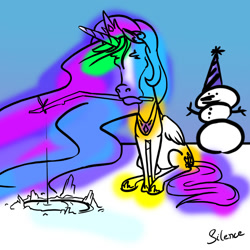 Size: 1500x1500 | Tagged: safe, artist:silence, princess celestia, alicorn, pony, g4, colored, drawthread, female, fishing, fishing rod, hat, hoers, mare, mouth hold, requested art, signature, sitting, snow, snowman, solo