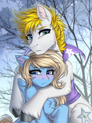 Size: 1920x2553 | Tagged: safe, artist:hakaina, oc, oc only, oc:alabastor amril, oc:lusty symphony, earth pony, pegasus, blushing, clothes, commission, jacket, protecting, shipping, wholesome, ych result