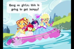 Size: 576x386 | Tagged: artist needed, source needed, safe, apple bloom, applejack, sunset shimmer, twilight sparkle, human, equestria girls, g4, :o, clothes, dress, froufrou glittery lacy outfit, hat, hennin, jewelry, open mouth, princess, raft, tiara, water