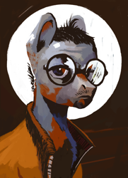 Size: 3025x4174 | Tagged: safe, artist:parab3llum, oc, earth pony, pony, bust, disco elysium, glasses, kim kitsuragi, male, orange coat, portrait, solo, stallion, style emulation