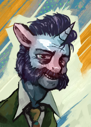 Size: 3025x4174 | Tagged: safe, artist:parab3llum, oc, pony, unicorn, alcoholism, beard, bust, clothes, disco elysium, facial hair, harrier du bois, horn, male, necktie, portrait, smiling, solo, stallion, style emulation, the expression