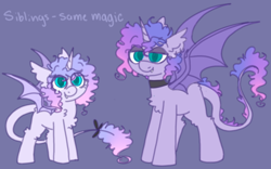 Size: 800x500 | Tagged: safe, artist:php193, oc, oc only, unnamed oc, bat pony, unicorn, bat wings, bow, duo, duo male and female, female, horn, leonine tail, male, mare, siblings, stallion, tail, tail bow, wings