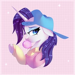 Size: 4000x4000 | Tagged: safe, artist:strawberryswirlll, rarity, pony, unicorn, friendship university, g4, my little pony: friendship is magic, absurd resolution, alternate hairstyle, bubblegum, disguise, female, food, gum, horn, mare, plainity, solo