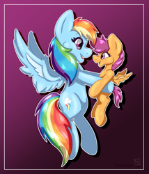 Size: 3000x3500 | Tagged: safe, artist:strawberrywolv, rainbow dash, scootaloo, pegasus, g4, blue coat, cutie mark, cutie mark crusaders, duo, female, filly, foal, gradient background, looking at each other, looking at someone, multicolored hair, open mouth, orange coat, purple eyes, purple mane, purple tail, rainbow hair, rainbow tail, smiling, tail, wings