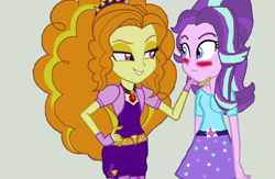 Size: 1090x710 | Tagged: safe, artist:themexicanpunisher, adagio dazzle, starlight glimmer, human, equestria girls, g4, my little pony equestria girls: rainbow rocks, 2017, blushing, duo, female, gray background, lesbian, looking at each other, looking at someone, shipping, simple background, stardagio