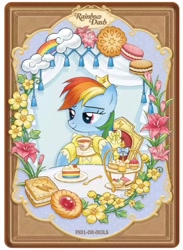 Size: 1135x1552 | Tagged: safe, rainbow dash, pegasus, pony, g4, card, clothes, dress, flower, food, jewelry, tiara