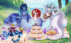 Size: 7106x4300 | Tagged: safe, artist:madelinne, oc, oc only, oc:biru, oc:madelinne, oc:opal brona, oc:triksa, alicorn, earth pony, lamia, original species, alicorn oc, birthday cake, birthday gift art, cake, cupcake, drink, drinking straw, food, gift art, horn, sky, strawberry, tree, wings