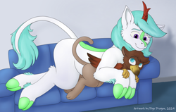 Size: 1280x815 | Tagged: safe, artist:thedigodragon, oc, oc only, griffon, kirin, duo, griffon oc, kirin oc, size difference