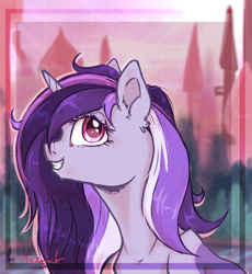 Size: 700x761 | Tagged: safe, artist:nazalik, oc, oc only, oc:dreamingstar, pony, unicorn, bust, canterlot, commission, complex background, digital art, horn, inspired, looking at city, looking at you, my little pony, portrait, solo, sunset, wind in mane