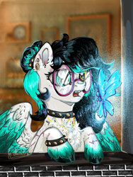 Size: 700x933 | Tagged: safe, artist:nazalik, oc, oc only, oc:officialcpayne, butterfly, pegasus, accessory, blue butterfly, collar, complex background, digital art, dreamlike, glass, glasses, glowing dust, interior, looking outside, my little pony, mysterious, night, simple background, solo, window, wings