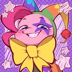 Size: 1083x1083 | Tagged: safe, artist:bombastickon, pinkie pie, earth pony, pony, g4, blushing, checkered background, female, heart, heart eyes, jester outfit, jester pie, looking at you, mare, signature, smiling, smiling at you, solo, stars, wingding eyes