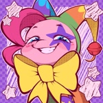 Size: 1083x1083 | Tagged: safe, artist:bombastickon, pinkie pie, earth pony, pony, g4, blushing, checkered background, female, heart, heart eyes, jester outfit, jester pie, looking at you, mare, signature, smiling, smiling at you, solo, stars, wingding eyes