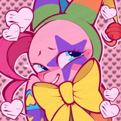 Size: 1254x1255 | Tagged: safe, artist:bombastickon, pinkie pie, earth pony, pony, g4, blushing, cute, female, heart, heart background, heart eyes, hoof on cheek, jester outfit, jester pie, mare, outline, smiling, solo, wingding eyes