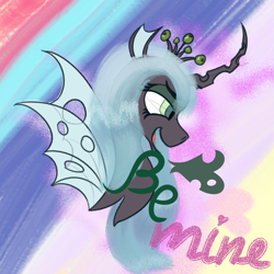 Size: 1024x1024 | Tagged: safe, artist:kujivunia, princess cadance, queen chrysalis, changeling, changeling queen, g4, bust, changeling wings, curved horn, female, head only, heart, holiday, horn, implied shining armor, portrait, simple background, smiling, solo, valentine, valentine's day, wings