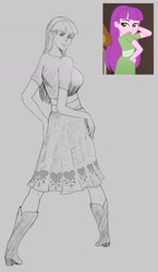 Size: 1761x3033 | Tagged: safe, screencap, violet wisteria, equestria girls, g4, how to backstage, my little pony equestria girls: better together, arm behind head, clothes, cropped, female, hand on hip, looking at you, male, offscreen character, simple background, sketch, solo