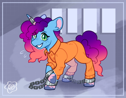 Size: 2408x1876 | Tagged: safe, artist:sunnysynopsis, misty brightdawn, g5, clothes, commissioner:rainbowdash69, cuffed, cuffs, nervous, nervous smile, never doubt rainbowdash69's involvement, prison jumpsuit, prison outfit, prisoner, prisoner misty, rebirth misty, shackles, smiling, solo