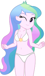 Size: 1105x1842 | Tagged: safe, artist:star-armour95, artist:yaya54320bases, princess celestia, principal celestia, human, equestria girls, g4, bare shoulders, beautiful, belly, belly button, bikini, clothes, cute, female, midriff, one eye closed, simple background, sleeveless, smiling, solo, swimsuit, transparent background, vector, wink