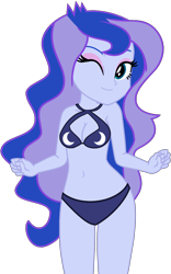 Size: 1142x1832 | Tagged: safe, artist:star-armour95, artist:yaya54320bases, princess luna, vice principal luna, human, equestria girls, g4, bare shoulders, beautiful, belly, belly button, bikini, clothes, cute, female, midriff, one eye closed, simple background, sleeveless, smiling, solo, swimsuit, transparent background, vector, wink