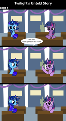 Size: 1920x3516 | Tagged: safe, artist:platinumdrop, twilight sparkle, oc, oc:blue thunder, comic:twilight's untold story, g4, 3 panel comic, colt, comic, commission, female, filly, foal, happy, male, offscreen character, smiling, speech bubble, waving